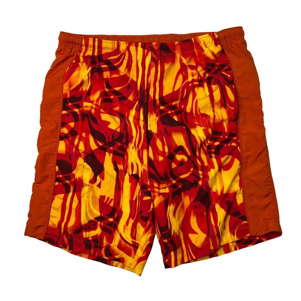 Nike VTG Y2K Abstract Print Mesh Built-In Brief Swim Shorts Orange Mens M Medium